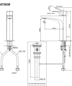 Bản vẽ kỹ thuật của vòi chậu nóng lạnh TOTO TLG07303B#PBR
