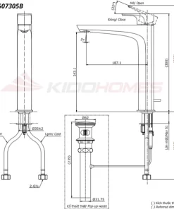 Bản vẽ kỹ thuật của vòi chậu nóng lạnh TOTO TLG07305B#BFG