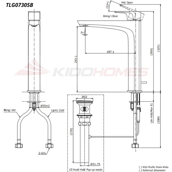 Bản vẽ kỹ thuật của vòi chậu nóng lạnh TOTO TLG07305B#BFG