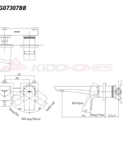 Bản vẽ kỹ thuật của vòi chậu âm tường nóng lạnh TOTO TLG07307BB