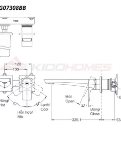 Bản vẽ kỹ thuật của vòi chậu âm tường nóng lạnh TOTO TLG07308BB#MBL