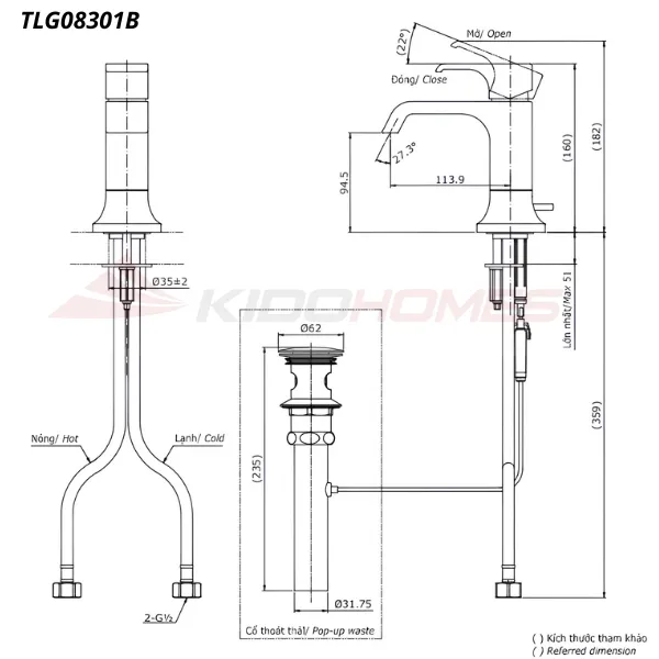Bản vẽ kỹ thuật của vòi chậu nóng lạnh TOTO TLG08301B#BFG
