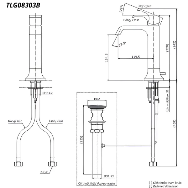 Bản vẽ kỹ thuật của vòi chậu nóng lạnh TOTO TLG08303B#PBR