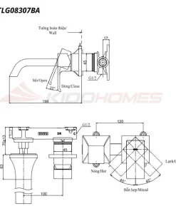 Bản vẽ kỹ thuật của vòi chậu âm tường nóng lạnh TOTO TLG08307BA#MBL