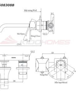 Bản vẽ kỹ thuật của vòi chậu âm tường nóng lạnh TOTO TLG08308BA#MBL