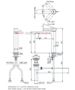 Bản vẽ kỹ thuật vòi chậu nóng lạnh TOTO TLG13303A dòng GT