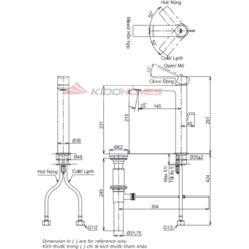 Bản vẽ kỹ thuật vòi chậu nóng lạnh TOTO TLG13305A dòng GT (dáng cao)