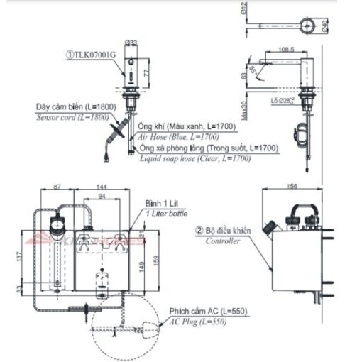 Bản vẽ kỹ thuật của vòi xịt xà phòng tự động TOTO TLK07001G