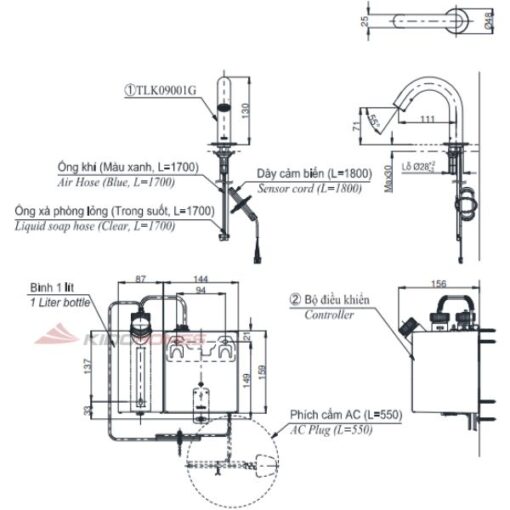 Bản vẽ kỹ thuật của vòi xịt xà phòng tự động TOTO TLK09001G 