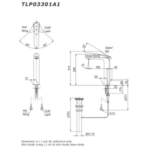 Bản vẽ kỹ thuật của vòi chậu nóng lạnh TOTO TLP03301A1#BGP