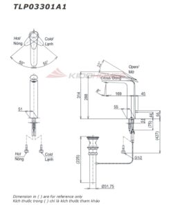 Bản vẽ kỹ thuật của vòi chậu nóng lạnh TOTO TLP03301A1#MBL