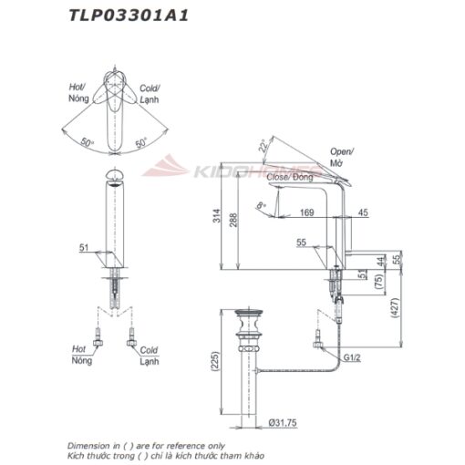 Bản vẽ kỹ thuật của vòi chậu nóng lạnh TOTO TLP03301A1#MBL