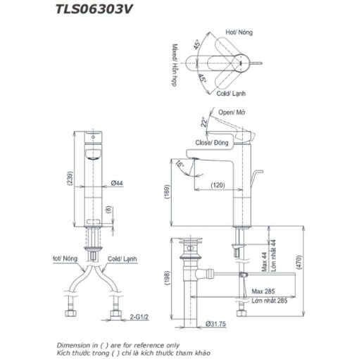 Bản vẽ kỹ thuật của vòi chậu TOTO TLS06303V
