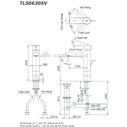 Bản vẽ kỹ thuật của vòi chậu TOTO TLS06305V