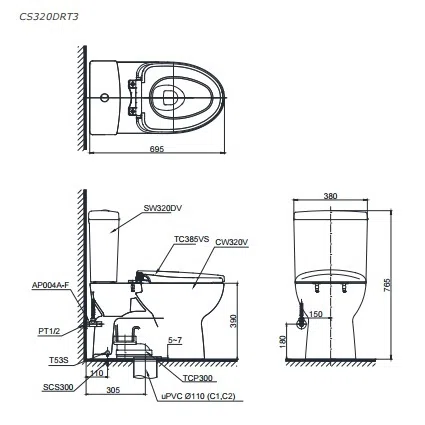 Bản vẽ kỹ thuật bồn cầu TOTO CS320DRT8