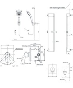 Bản vẽ kỹ thuật của bộ sen tắm TOTO TBG09303VA/TBN01001B/TBW02013B/TBW07019A/TBW02005V
