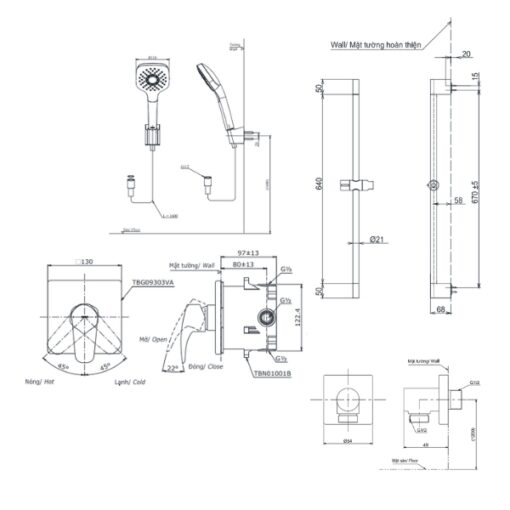 Bản vẽ kỹ thuật của bộ sen tắm TOTO TBG09303VA/TBN01001B/TBW02013B/TBW07019A/TBW02005V