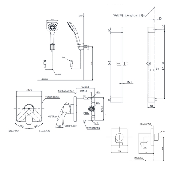 Bản vẽ kỹ thuật của bộ sen tắm TOTO TBG09303VA/TBN01001B/TBW02013B/TBW07019A/TBW02005V