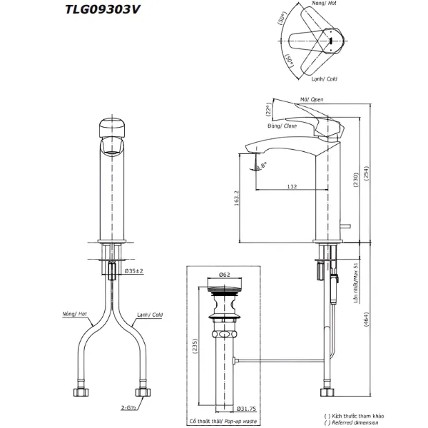 Bản vẽ kỹ thuật của vòi chậu nóng lạnh TOTO TLG09303B#MBL